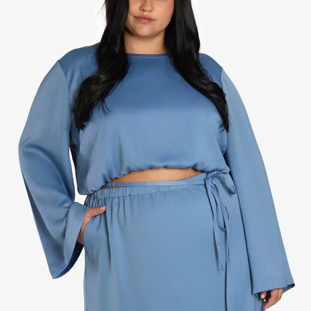 Bar III Nicole Williams English Trendy Plus Size Satin Crop Top, Quiet Harbor